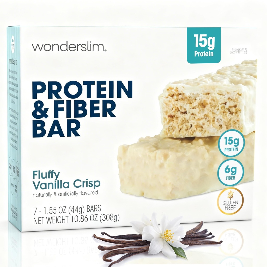Wonderslim High Fiber Protein Bars, Fluffy Vanilla Crisp | 15g Protein, 6g Fiber | Low Sugar, Low Carb | Sağlıklı Indulgence | Satisfying, Supports Energy & On-the-Go Convenience, 7 Pack