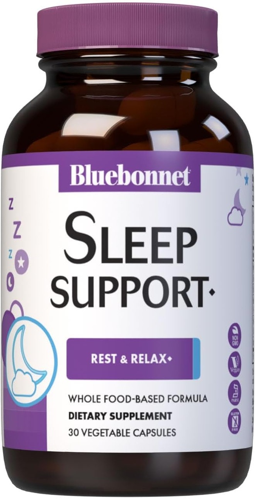 Bluebonnet Beslenme Hedefli Seçim Uyku Desteği, Rest & Relaxation Whole Food-Based Formula, Soy-Free, Gluten-Free, Kosher, Non-GMO, Dairy-Free, Vegan, 30 Sebze Kapsülleri