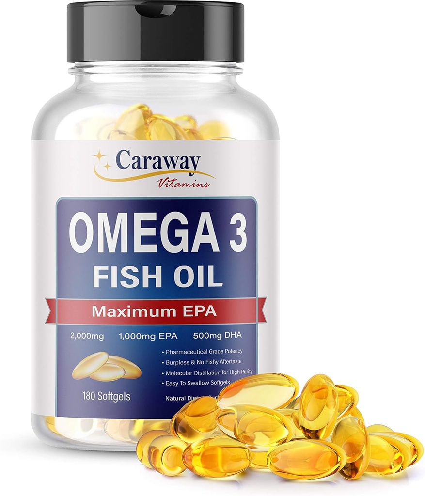 Omega 3 Fish Oil 2.000 mg- Farm Grade. 1000 mg EPA 500 mg DHA. Burpless Capsules with No Fishy Aftertaste. Tüm Doğal, Organik, GMO, Erkekler ve Kadınlar için Gluten Ücretsiz.