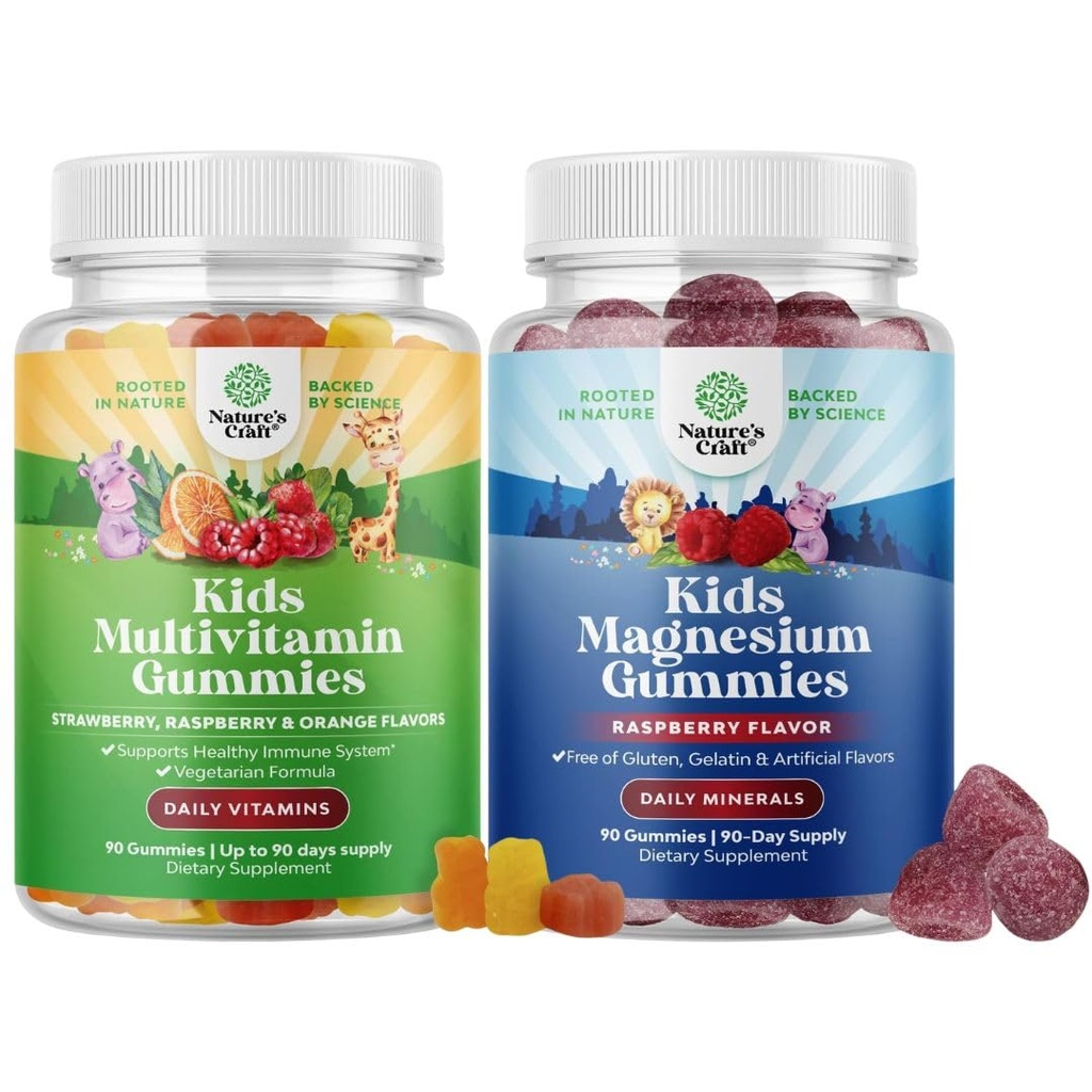 Çocuklar için Çokvitamin Gummies For Immunity Support with Vitamins A C D3 E B ve Çinko ve Çocuklar Magnezyum Gummies - Calm Relaxing Mag Citrate with Raspberry Flavor for Nerve & Heart Health