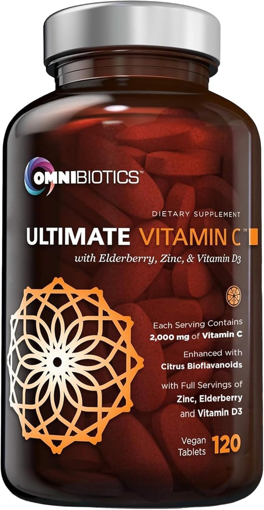 OmniBiotics Ultimate Vitamin C Supplement 2000 mg - çinko, Elderberry Extract ve D3 ile - Yüksek Potency Immune Support & Collagen ATM - 120 Vegan Tablet