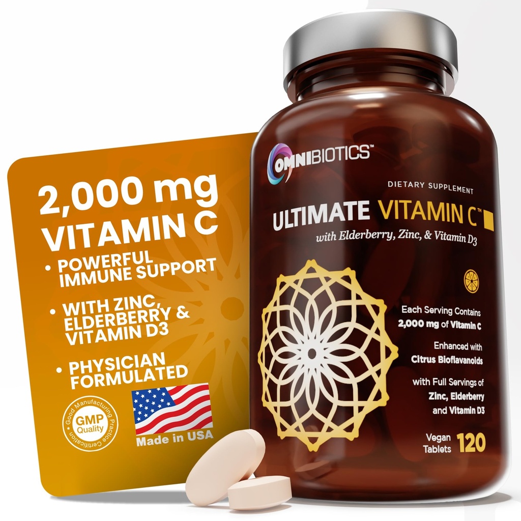 OmniBiotics Ultimate Vitamin C Supplement 2000 mg - çinko, Elderberry Extract ve D3 ile - Yüksek Potency Immune Support & Collagen ATM - 120 Vegan Tablet