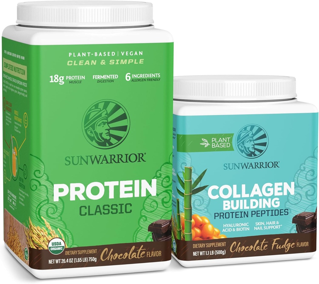 Sunwarrior Classic Vegan Protein Toz | Plant-Based 30 Hizmet, Chocolate & Collagen Building Toz Hyaluronic Asit | 20 Hizmet, Chocolate Flavoreded