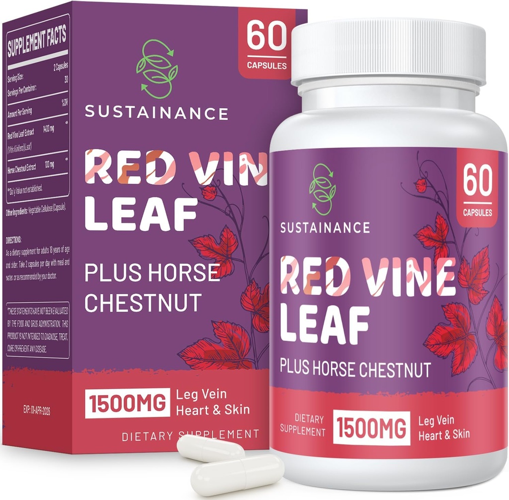 Red Vine Leaf Extract 1400 mg & Horse Chestnut 100 mg Supplement Diyet For Leg, Vein, Circulation, Heart, Skin (60 Capsules)