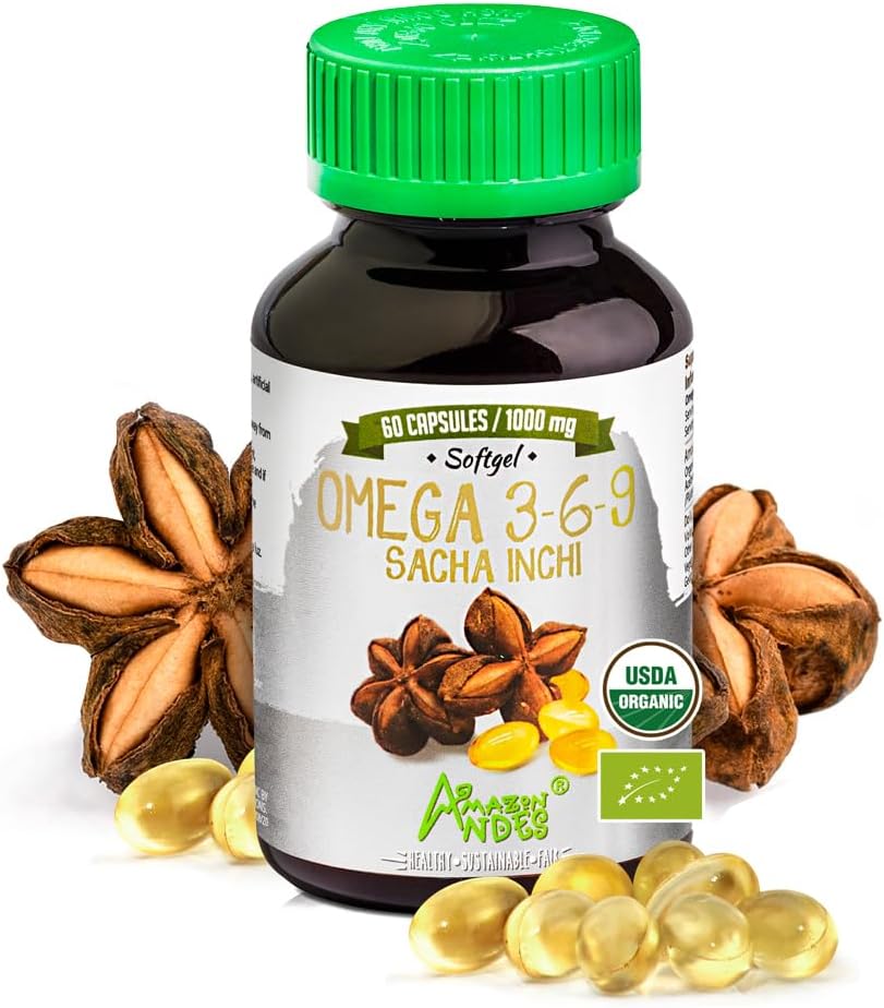   Andes Sacha Inchi Capsules (Plukenetia volubilis) - Source of Omega 3, 6, 9 with Essential Fatty Acids - Odorless & Sustainably sourced - Brain Function Supporter - 60 Softgel Pills (1000mg)
