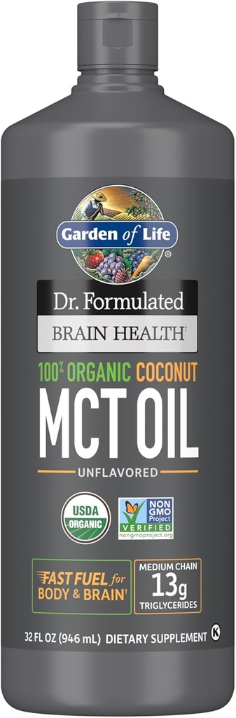Garden of Life Dr. Formulated Brain Health 100% Βιολογικό λάδι καρύδας MCT 32 fl oz Χωρίς γεύση, 13g MCTs, Body & Brain Fuel, Certified Non-GMO Vegan & Gluten Free, Hexane-Free