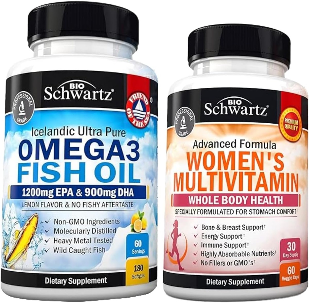 Kadınlar Kapsülleri için Günlük Multivitamin (1 Ay Supply) Plus Triple Strength Omega Omega 3 Fish Oil Softgels (2 Ay Supply)