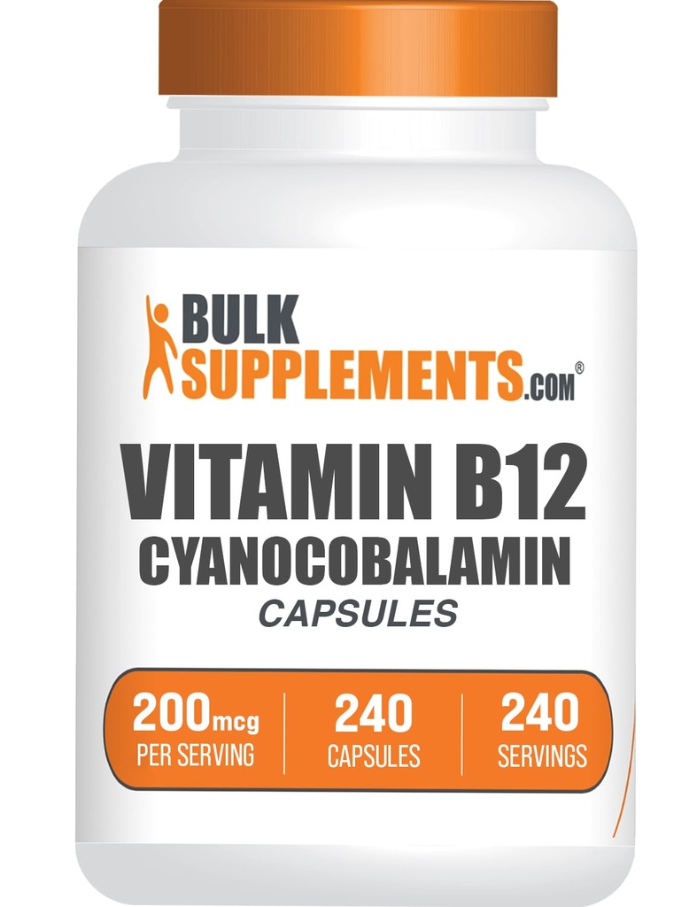 BulkSupplements.com Κάψουλες Βιταμίνης Β12 - ως Κυανοκοβαλαμίνη, Συμπλήρωμα Βιταμίνης Β, Βιταμίνη Β12 200 mcg - Ενεργειακές Βιταμίνες, Χωρίς Γλουτένη, 1 Κάψουλα ανά Σερβίρισμα, 240 Κάψουλες (πακέτο του 1)