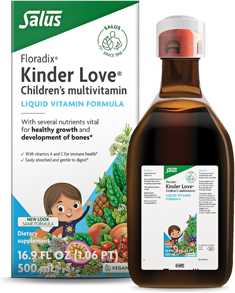 Floradix Kinder Love Children's Multivitamin - Herbal Supplement - Çocuklar için Sıvı Çokvitamin - A, C, D & E,dis & More - Vegetarian, Non-GMO, Gluten-Free - 16.9