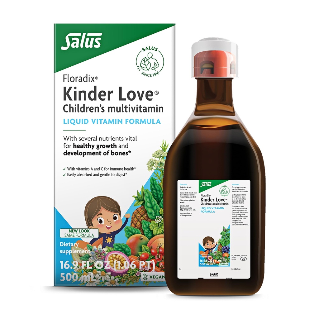 Floradix Kinder Love Children's Multivitamin - Herbal Supplement - Çocuklar için Sıvı Çokvitamin - A, C, D & E,dis & More - Vegetarian, Non-GMO, Gluten-Free - 16.9