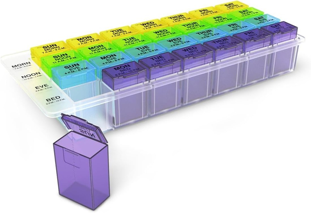 EZY DOSE Εβδομαδιαία (7-Ημέρα)Χιλιοστάσια, Ιατρική Planner, Βιταμίνη Organizer Box, Αποσπώμενα Διαμερίσματα, Εύκολο στη Χρήση, Ουράνιο Τόξο Χρώματα, 4 φορές την ημέρα, BPA Δωρεάν