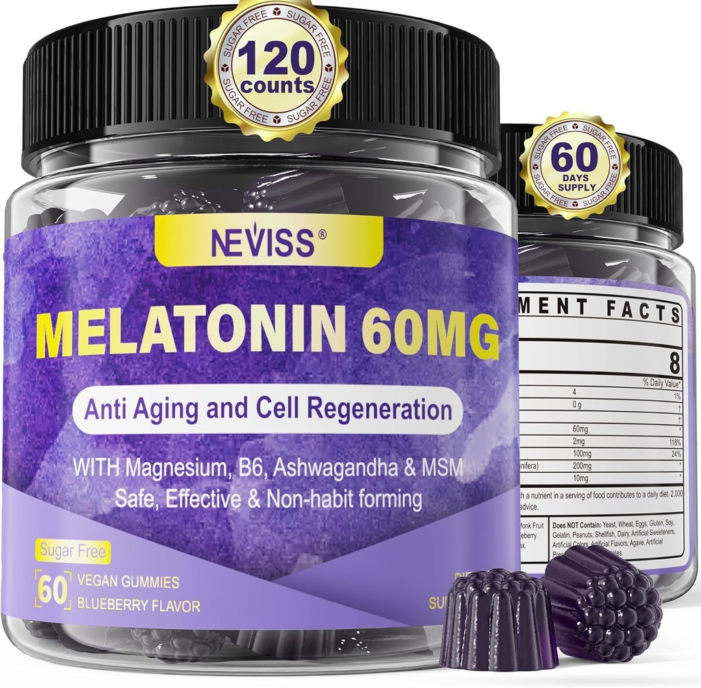 Antioksi & Brain Support Melatonin 60 mg 30 mg 50+ Yetişkinler | Yüksek Dose Melatonin Anti-Aging & Immune | Ekstra Kuvvetli Melatonin Gummies with B6, Ashwaganda, MSM - 120 Gummiesnin