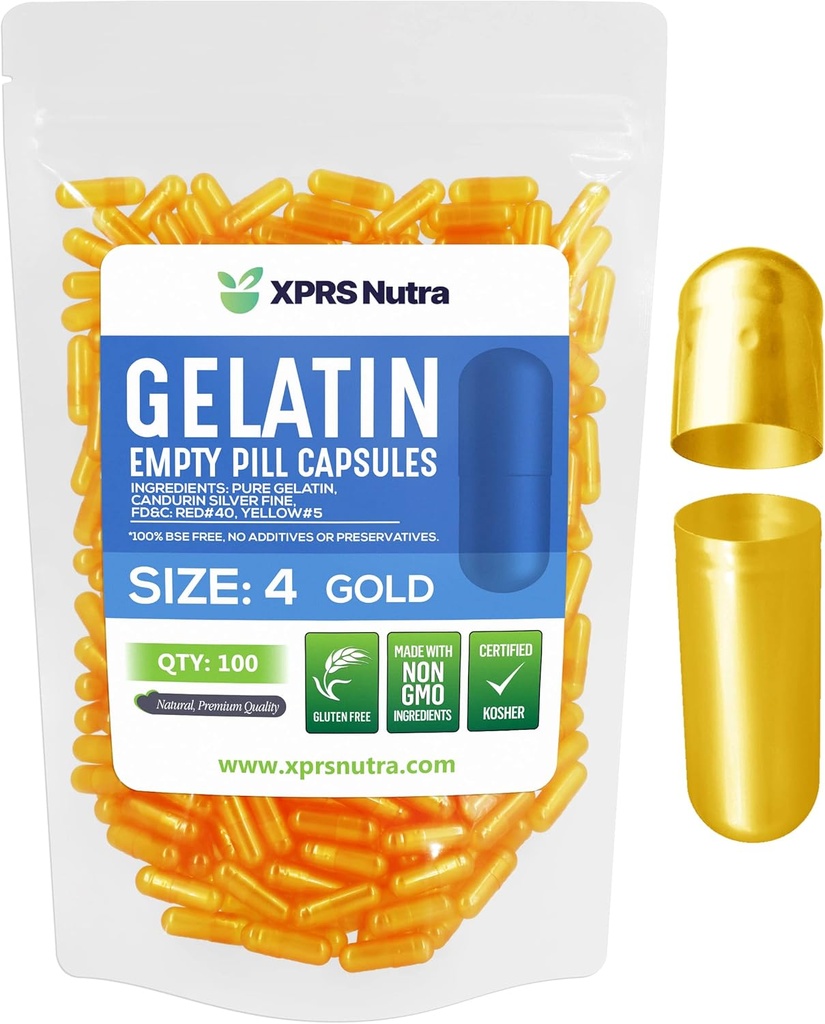 XPRS Nutra μέγεθος 4 άδεια κάψουλες - 100 κόμης μικρές κενές κάψουλες ζελατίνης - Χάπια DIY κάψουλες πλήρωσης - πληρώσιμο καθαρό χάπια τζελ για το Do-It-Yourself συμπληρώματα (χρυσό)