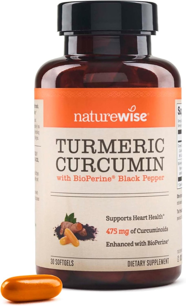 NatureWise Turmeric Curcumin 500 mg with Black Pepper Softgels - Ekstra Kuvvet, Gelişmiş Absorpsiyon -% 95 Curcuminoids & BioPerine for Immune Support - Gluten-Free, Non-GMO - 30 Count[1-Month Supply]