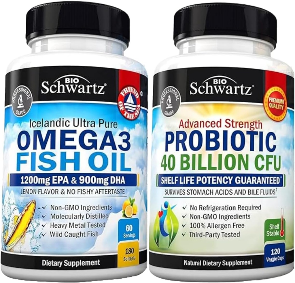 Triple Strength Omega 3 Fish Oil Softgels (2 Ay Supply) Plus 40 Milyar CFU Daily Probiyotik Supplement (2 Ay Supply)