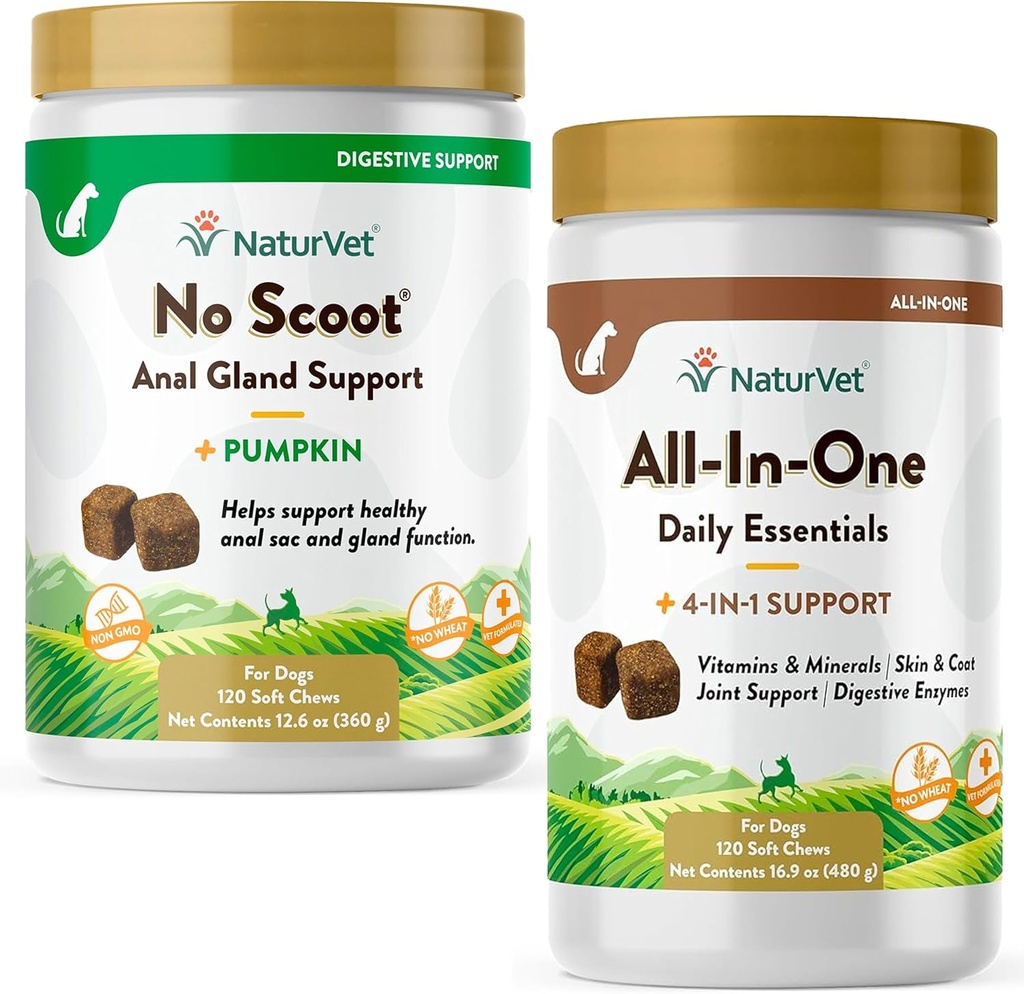 NaturVet All-in-One Dog Supplement - Ortak Destek için, Digestion, Skin, Coat Care – 120 Soft Chews & No Scoot Köpekler - 120 Yumuşak Chews - Sağlıklı Anal Gland & Bowel Function