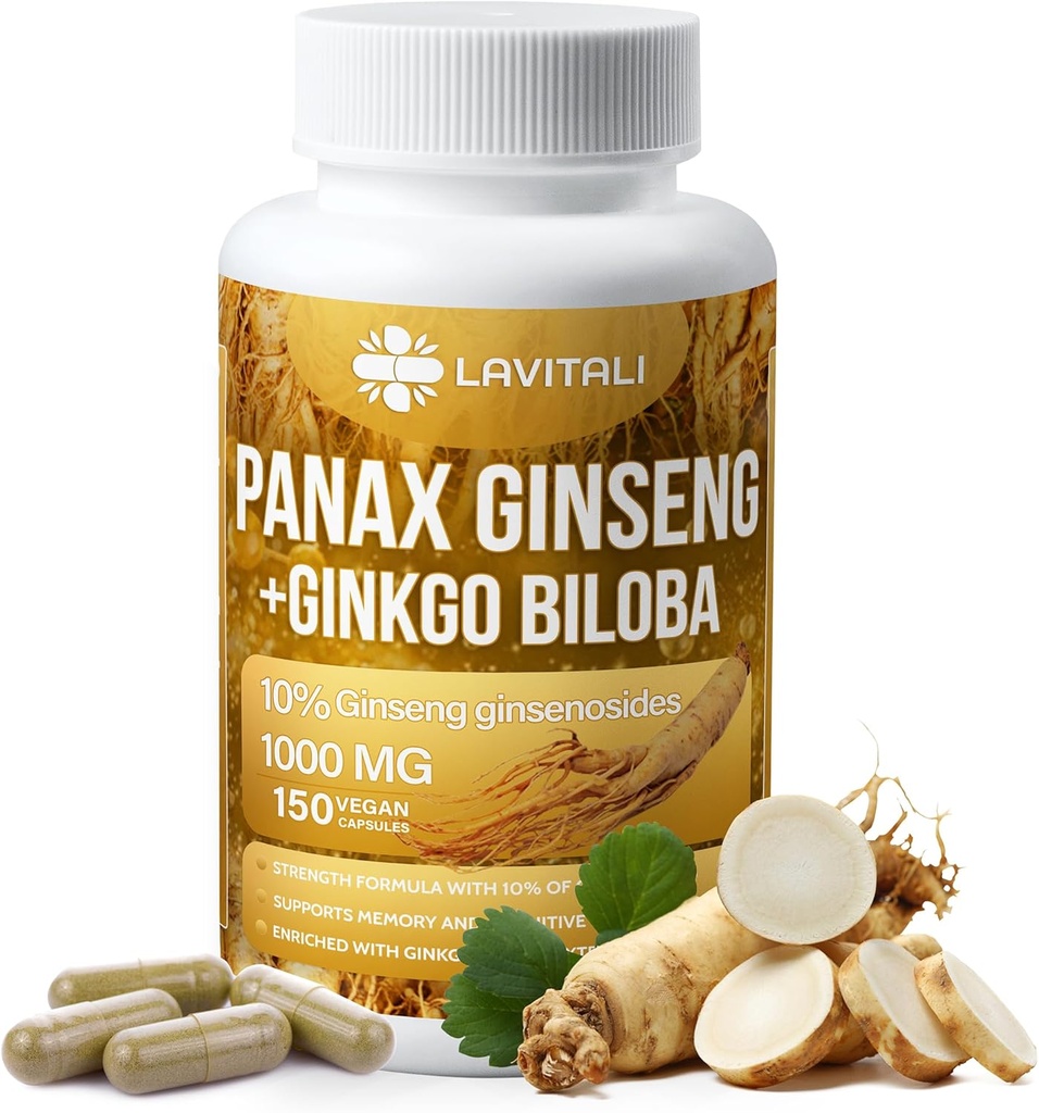 Ginseng & Ginkgo Biloba 150 κάψουλες Veggie, Energy Ginseng Root Extract σκόνη, με εκχύλισμα Ginkgo Biloba, 100% Natural & Non-GMO, Vegan, Χωρίς γλουτένη, Χωρίς γαλακτοκομικά