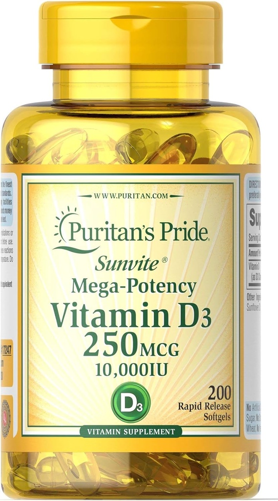 Puritan's Pride Vitamin D3 250 mcg (10.000 IU) Softgels, 200 Count