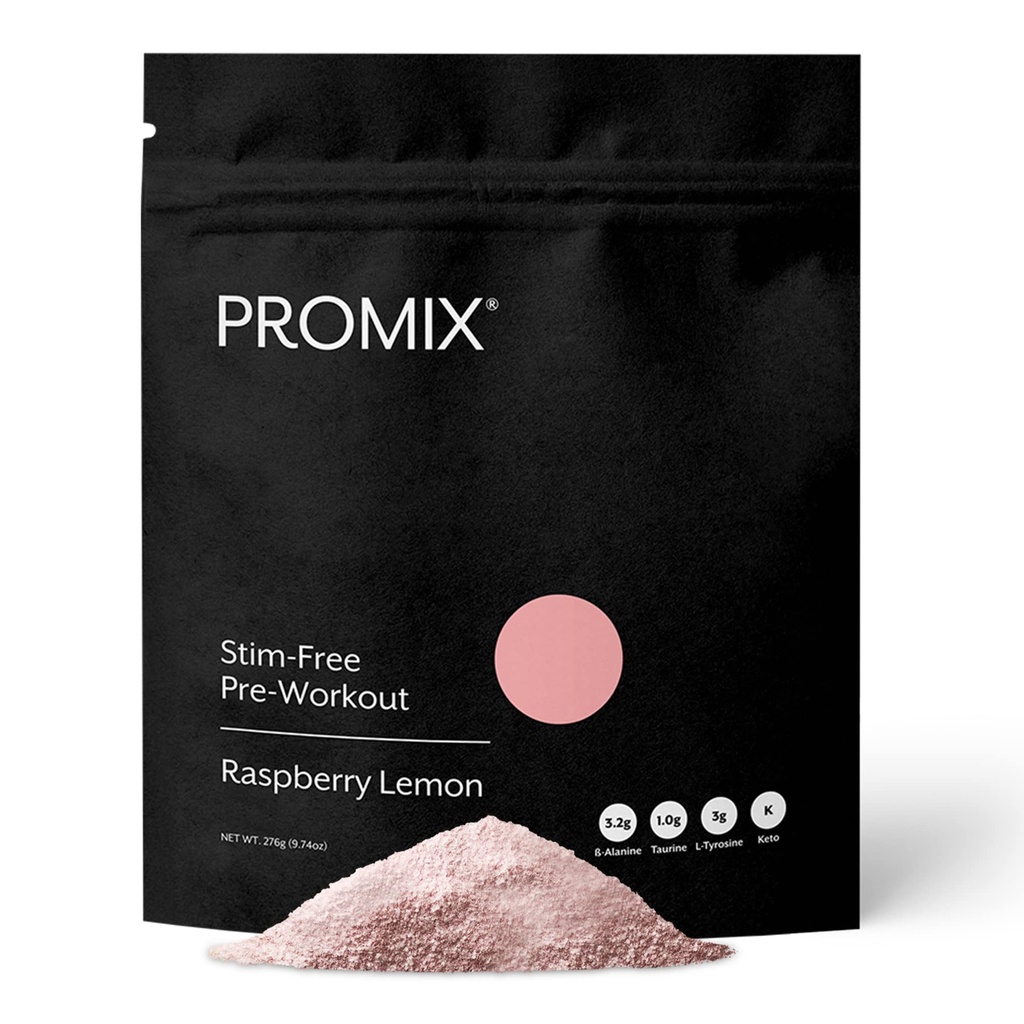 ProMix Διατροφή Stim-ελεύθερος πριν από την προπόνηση σκόνη, σμέουρο λεμόνι - 274g - Μεγιστοποίηση Εστίασης, Ενέργειας & Απόδοσης - Βιταμίνη Β12, Ταυρίνη, Βήτα-Αλανίνη & L-Τυροσίνη - 30 Σερβίρισμα (Συσκευή 1)