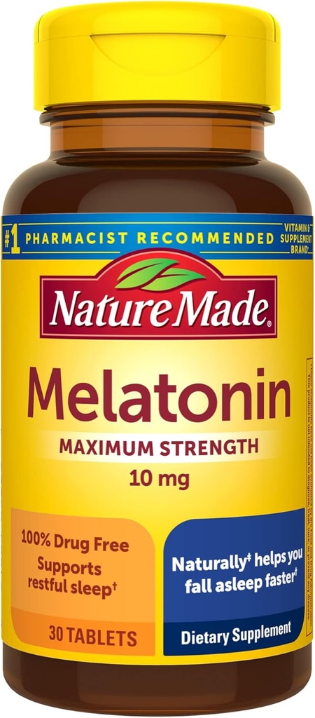 Nature Made Melatonin 10mg Extra Strength Tablets, Συμπλήρωμα διατροφής για τον Ξεκούραστο Ύπνο, 30 Count, 30 Day Supply