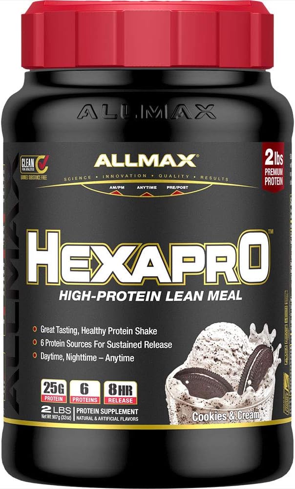 ALLMAX HEXAPRO, Cookies & Cream - 2 λίβρες - 25 γραμμάρια πρωτεΐνης ανά υπηρεσία - 8ωρη διαρκής απελευθέρωση - Zero Sugar - 21 μερίδες