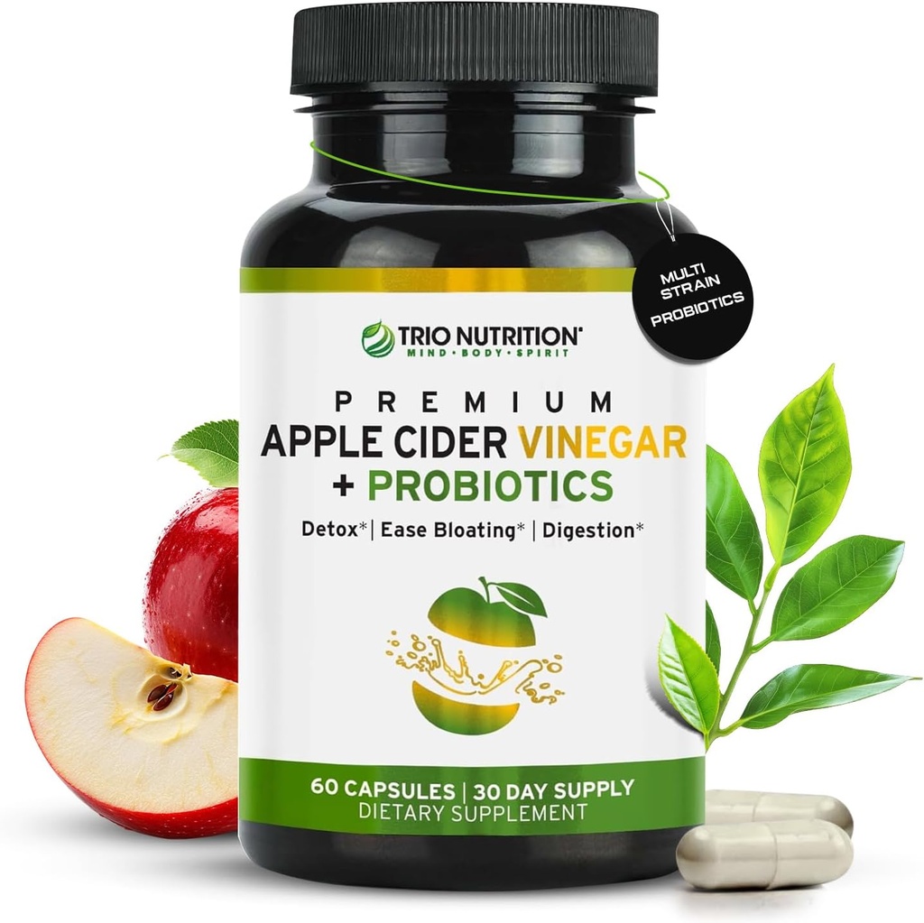 TRIO NUTRITION Apple Cider Vinegar Capsules with Multi-Strain Probiyotiks - Natural Sugar Free ACV Capsules with The Mother for Gut Health, Immunity, Body Cleanse & Health - Metabolism (28)*
