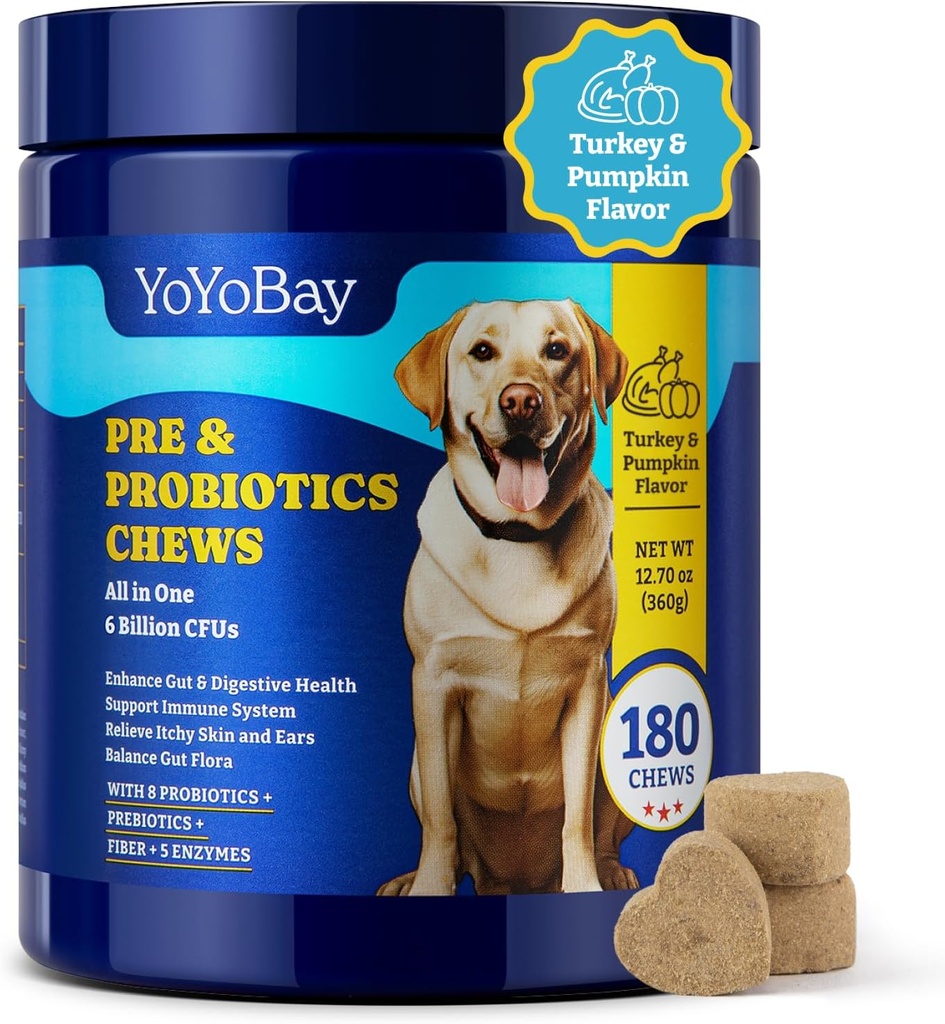 Probiotics for Dogs - 6 Billion CFUs, Dog Probiotics with Prebiotics & Digestive Enzymes for Gut, Immune & Skin Health - Turkey & Pumpkin Flavor, 180 Soft Chews