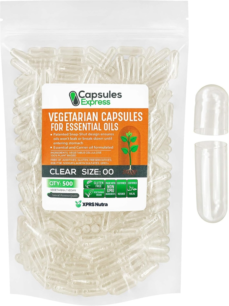 XPRS Nutra Μέγεθος 00 Κενές κάψουλες Vegan - 500 Κάψουλες Clear Veggie για αιθέρια έλαια - Κενά καπάκια λαχανικών - DIY εργασίες πλήρωσης με το περισσότερο λάδι