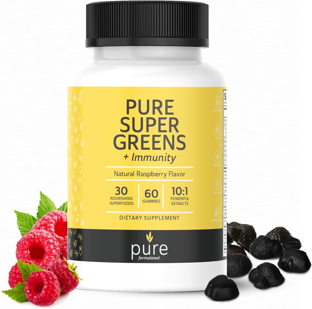 Super Greens Multivitamin Gummies for Adult and Kids Immune Support Gummies - 30 Superfoods Vegan Supplements - Natural Raspberry Flavor (60 Kont)