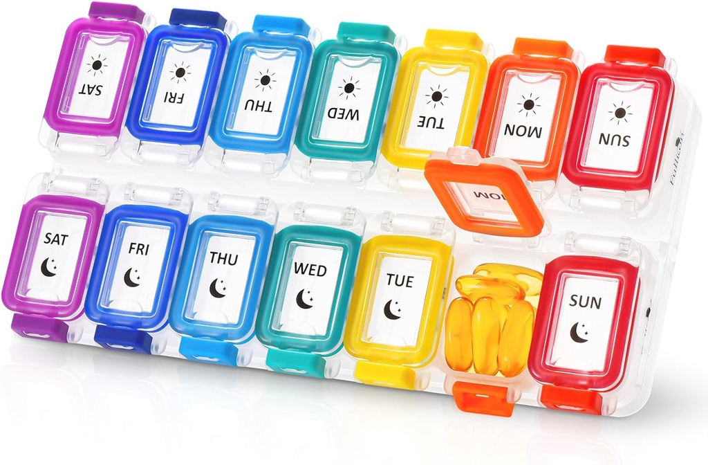 Fullicon Moisture Kanıt Pill Organizer 2 Zaman Bir Gün Büyük Pill Box 7 Gün, Spill Kanıt Pill Case, Travel Pill Konteyner, Tıp Pill Organizer Güvenli Lids, Daily Pill Organizer (Rainbow Clear)