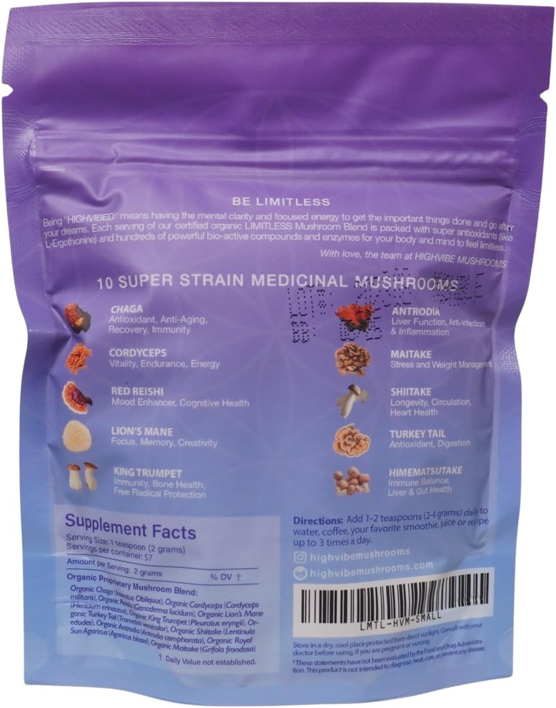 Highvibe Mushrooms Limitless Mushroom Toz, 10in-1 Mushroom Mix, Full Spectrum Mycelium and Fruiting Body, Organic, Vegan, Kosher, GF, Focused Energy