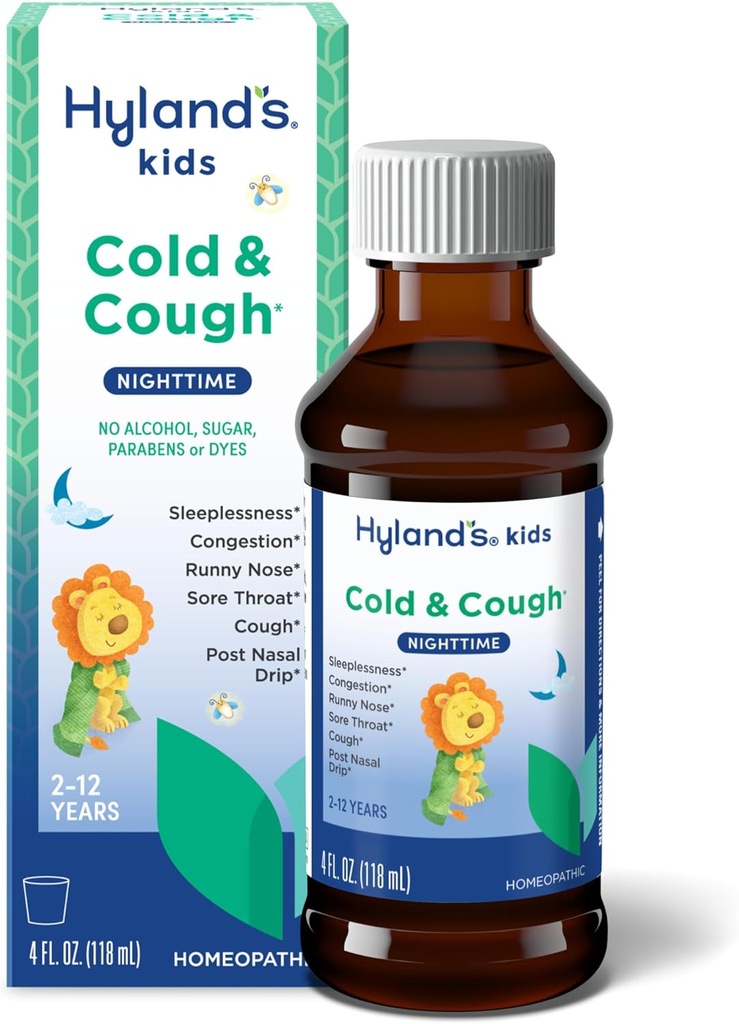 Hyland's Kids Cold and Cough, Nighttime Cough Syrup Medicine for Kids Ages 2 and up, Decongestant, Sore Throat relief and Sleeplessness, Relief of Common Cold Symptoms, 4 Fl Oz