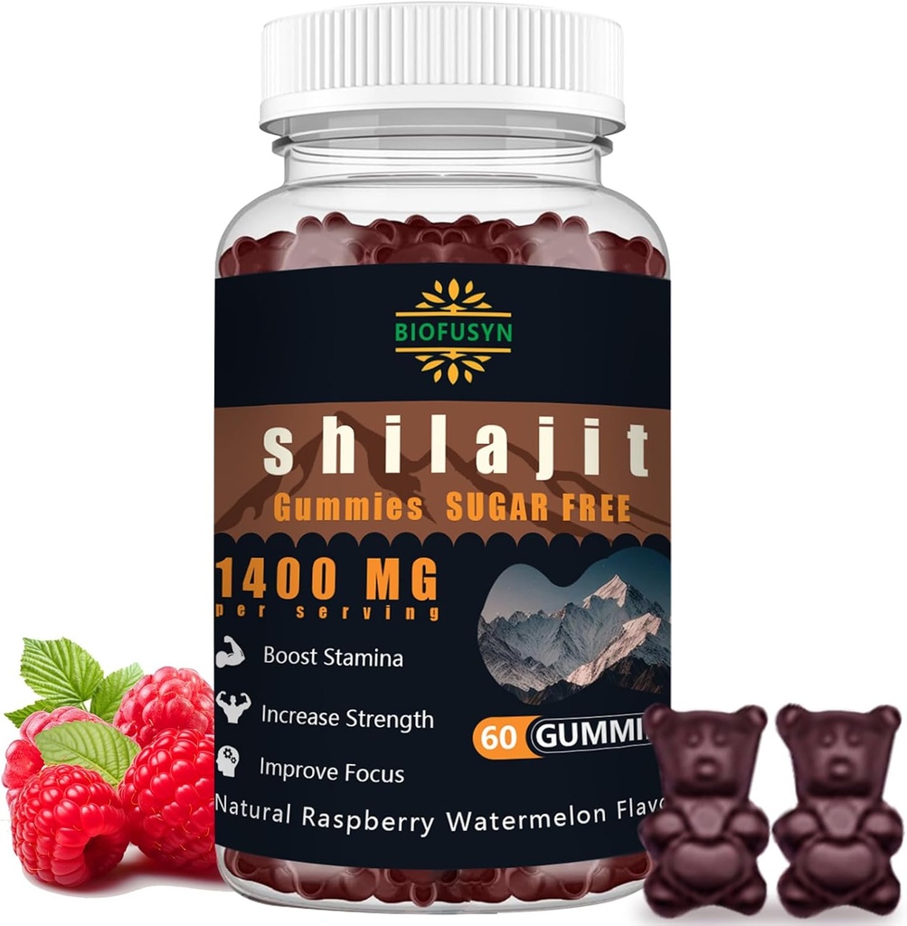 Erkekler ve Kadınlar için Shilajit Gummies - 1400 mg, Pure Himalaya Supplement, High in Minerals & Fulvic Acid, Energy, Brain, Immunity Boost, Raspberry Watermelon Flavor