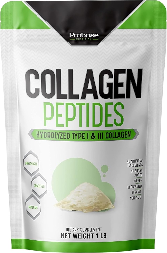 Probase Nutrition Collagen Peptides Powder (Type I, III) for Skin Hair Nail Joint, Hydrolyzed for Better Collagen Absorption, Non-GMO Verified, Keto Friendly and Gluten Free, White, 16 Oz