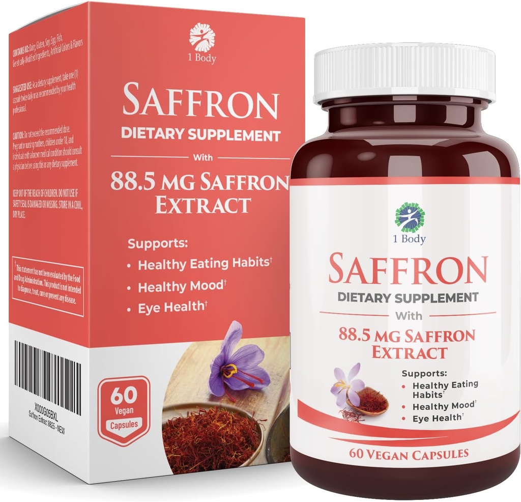 1 Body Saffron Extract Supplement, 88.5 mg Safranal, Antioksi ve Mood Support, Vegetarian Capsules
