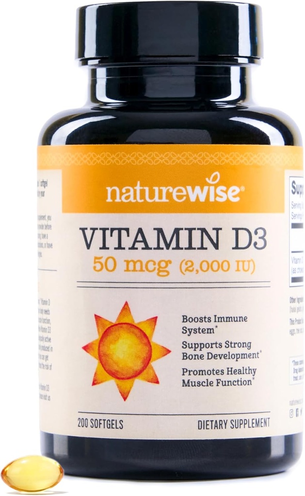 NatureWise Vitamin D3 2000iu (50 mcg) Immune Support, Sağlıklı Kas Fonksiyonu ve Bone Health - Non-GMO, Gluten Free in Organic Ekstra Virgin Zeytinyağı, (Mini Softgel), 200 Kont