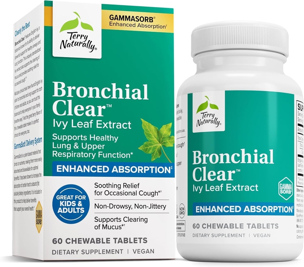 Terry Φυσικά Bronchial Clear Ivy Leaf Extract Chewable - Συμπληρώματα υποστήριξης για την υγεία του πνεύμονα και του αναπνευστικού - Συμπλήρωμα διατροφής με εκχύλισμα αγγλικού Ivy Leaf - 60 Chewable Tablets (60 Servings)