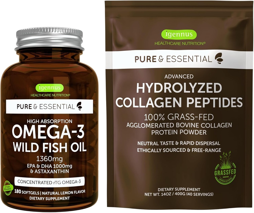 Yüksek Aborpsiyon Omega-3 Wild Fish Oil 1360 mg & Advanced Hydrolyzed Collagen, Sche, 1000 mg EPA & DHA with Astaxanthin & 100% Grass Fed Bovine Collagen Protein Toz, Igennus