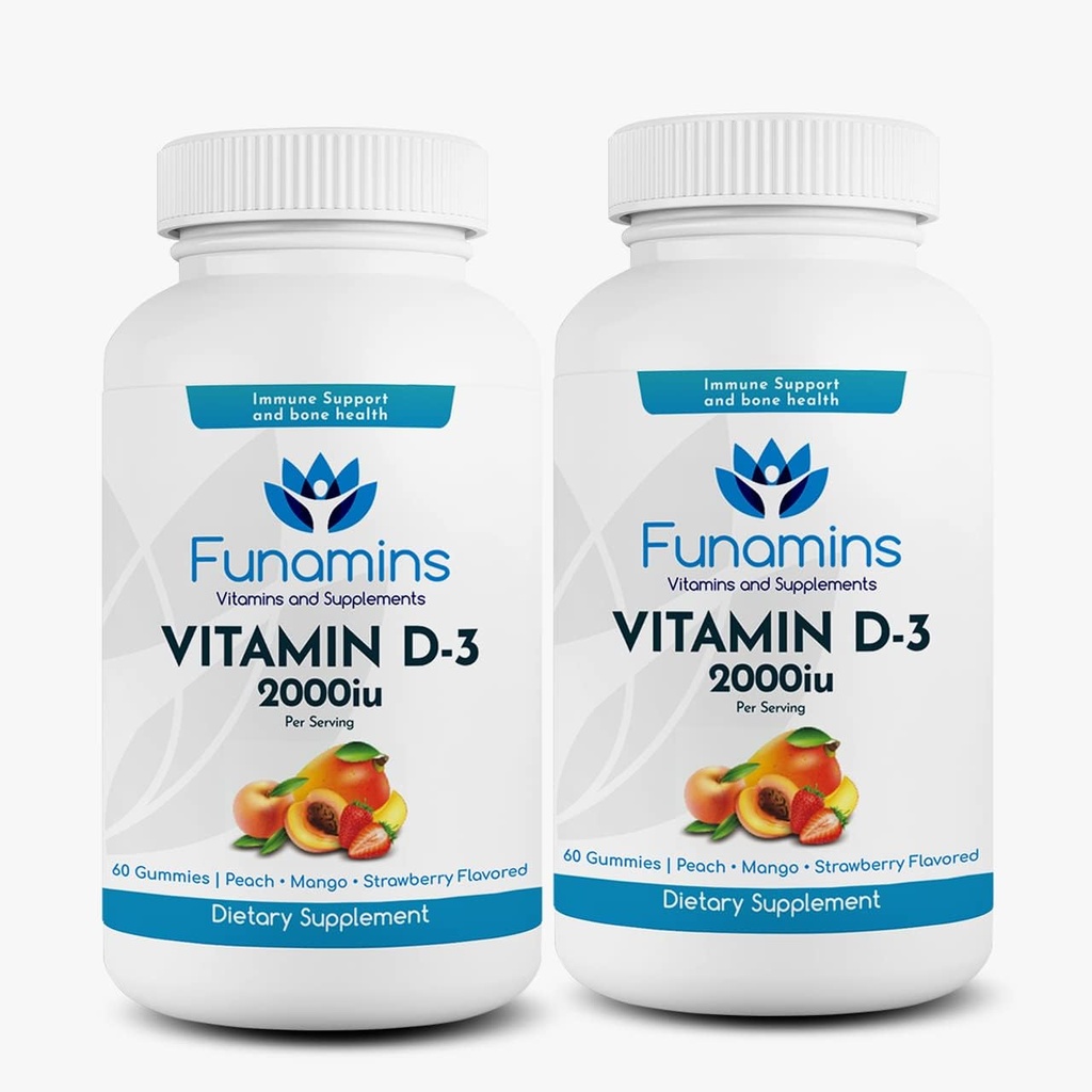 D3 Vitamin Gummies, 2-Pack, 60 Kont Her, 2000iu per Service, Supports Immune System and Bone Health; for Kids & Yetişkinler; Peach, Mango, Strawberry Flavors