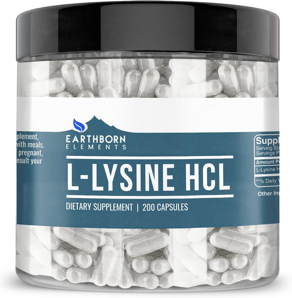 Earthborn Elements L-Lysine HCL 200 Capsules, Pure & Undiled, No Wordss