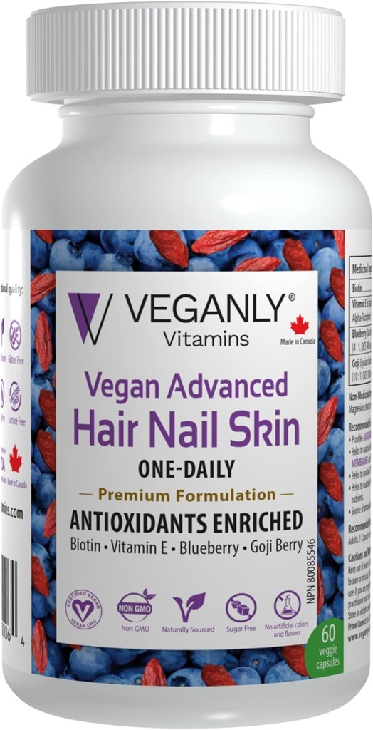 Vegan Advanced Hair Nail Skin One-Daily, 60 Veggie Caps -Antioxy Enriched. Saçları geliştirin, Skin Health ve Nail Health - Plant Based with Biotin & Natural Superfood