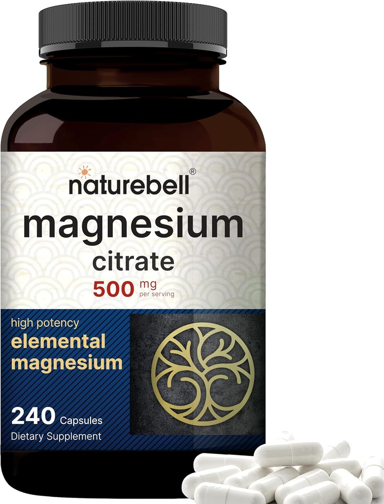 NatureBellllll Magnezyum Citrate 500 mg, 240 Capsules | High-Purity Elemental Form | Heart, Muscle & Digestion Support | Non-GMO, Gluten-Free-Free-GMO, Gluten-Free-Free-