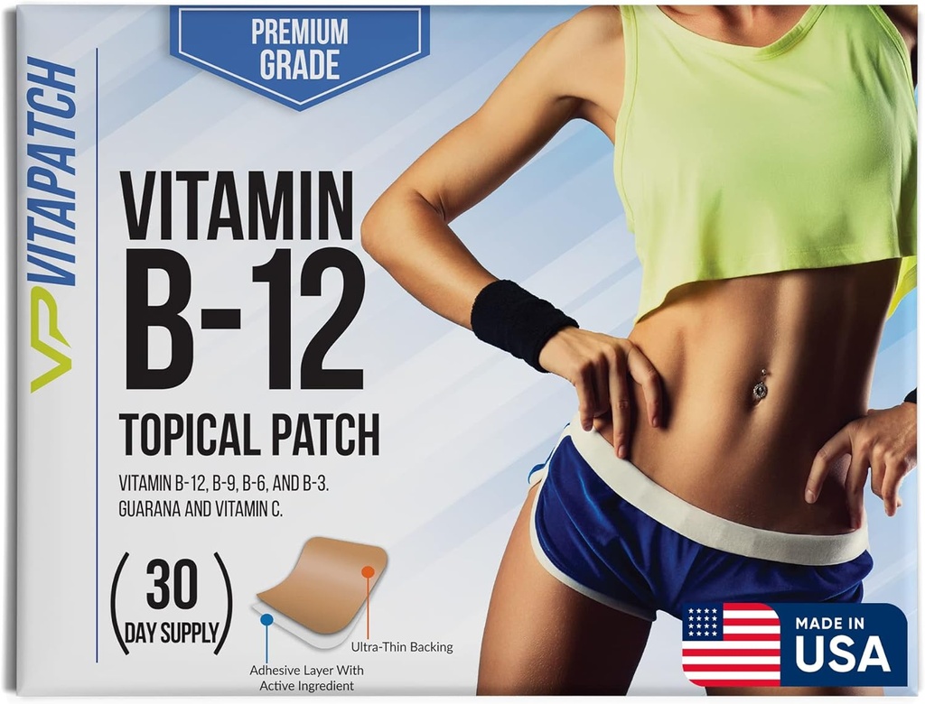 Premium Βαθμός B12 Patches 30 Ημέρα προσφοράς B12 Patch – Φτιαγμένο με βιταμίνη B12 Μεθυλοκοβαλαμίνη για την ενέργεια & βιταμίνη Guarana - 100% Made in The USA