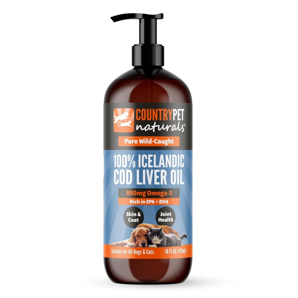 Vahşi Caught Pure Cod Liver Oil 16oz En yüksek Omega 3 1150 mg/tsp, En yüksek boy, Yüksek EPA / DHA, Vitamin A & D - Takes Itching, Sağlıklı Skin & Coat, Mobility, Faraday-Free, Pump incl.