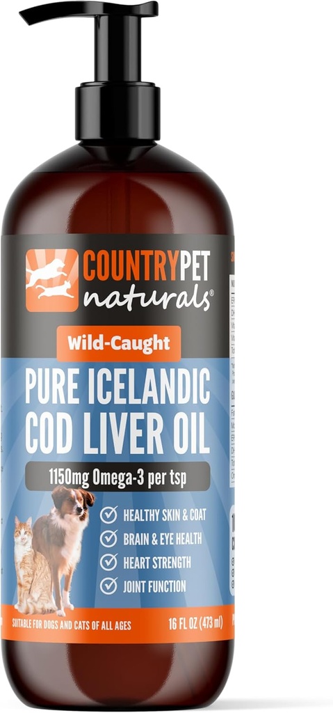 Vahşi Caught Pure Cod Liver Oil 16oz En yüksek Omega 3 1150 mg/tsp, En yüksek boy, Yüksek EPA / DHA, Vitamin A & D - Takes Itching, Sağlıklı Skin & Coat, Mobility, Faraday-Free, Pump incl.