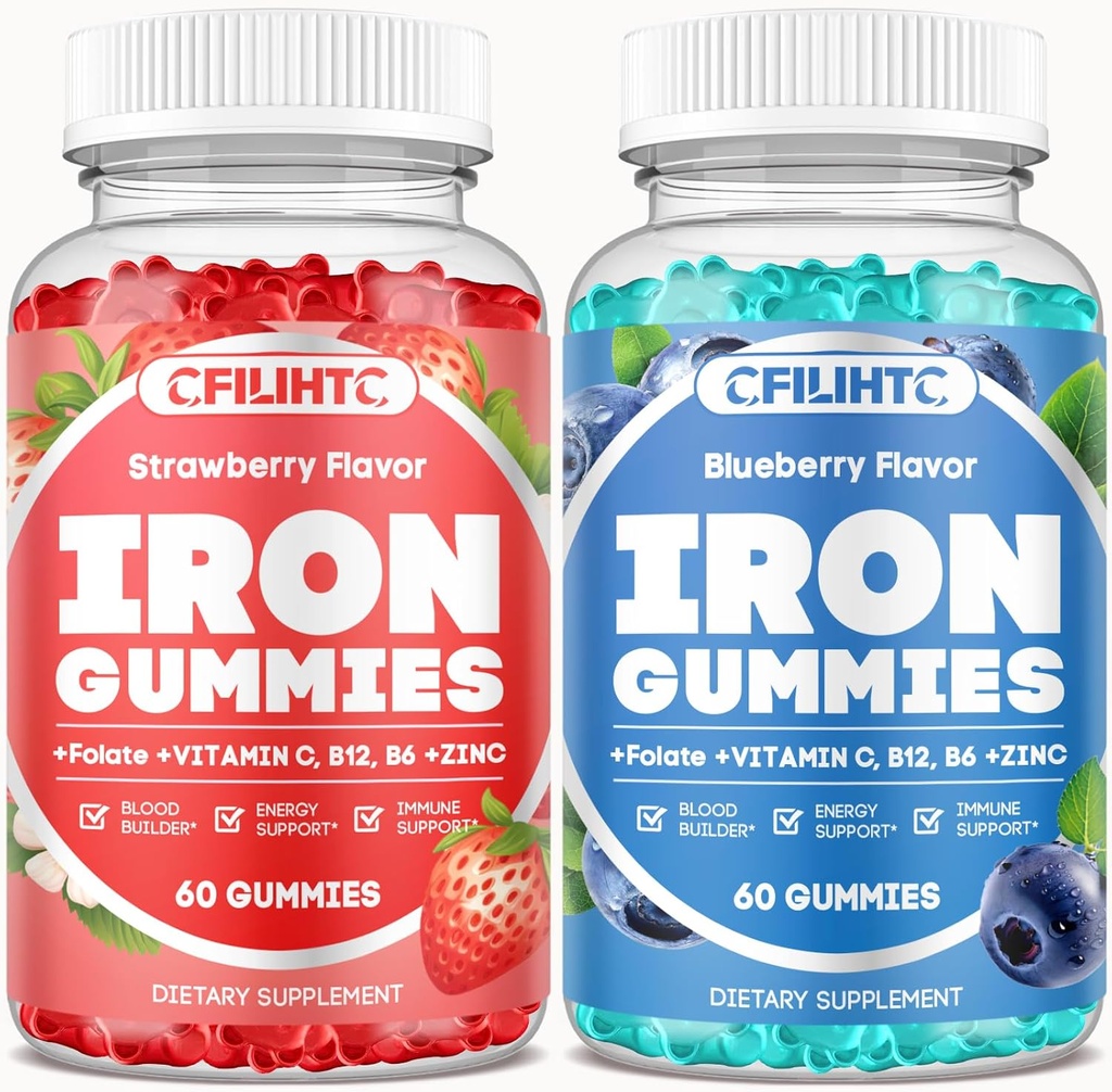 2 Πακέτο Iron Gummies για ενήλικες & παιδιά συμπλήρωμα σιδήρου Φράουλα άρωμα βατόμουρο