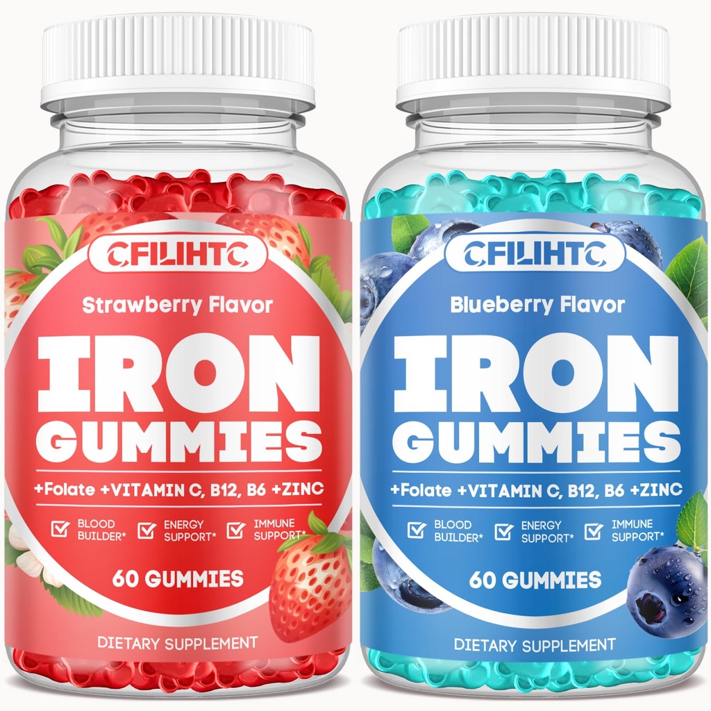 2 Pack Iron Gummies for Yetişkinler & Çocuklar Iron Supplement Strawberry Blueberry Flavor