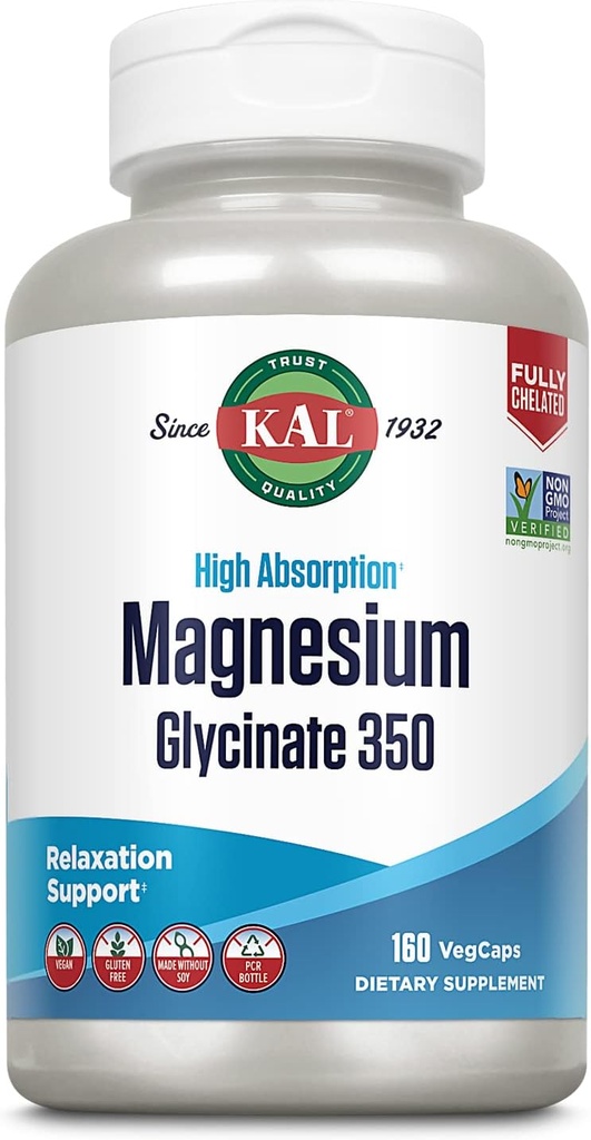 KALKIN Glycinate Capsules, Tam Chelated Magnezyum Bisglycinate, Yüksek Absoryum Tamam, Sağlıklı Kemikler, Kas, Rahatlama ve Stres Desteği, Non-GMO 160 sayı