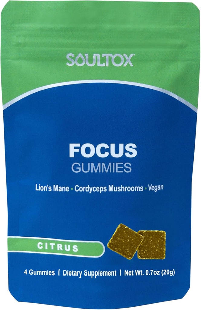 Soultox Focus Lion's Mane Gummies - Citrus Flavor - Organik Lions Mane ve Cordyceps ile Vegan Formülasyon - Gelişmiş Memory, Focus and Energy - Citrus Flavor - Single Pack