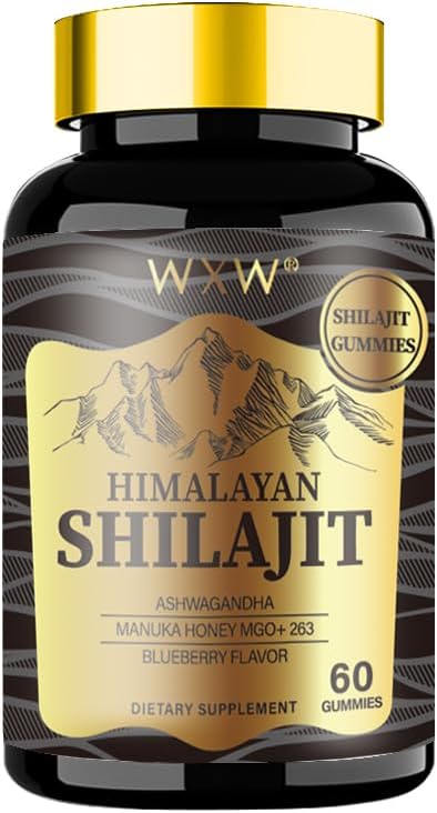 WXW Himalaya Shilajit Gummies, 60 Kont, Blueberry Flavor, Eğitim Sonrası Destekler, Immune System, Digestion, Mind & Memory, Health Heart, Cognitive Abilities (1 Şişe, Altın Shilajit)